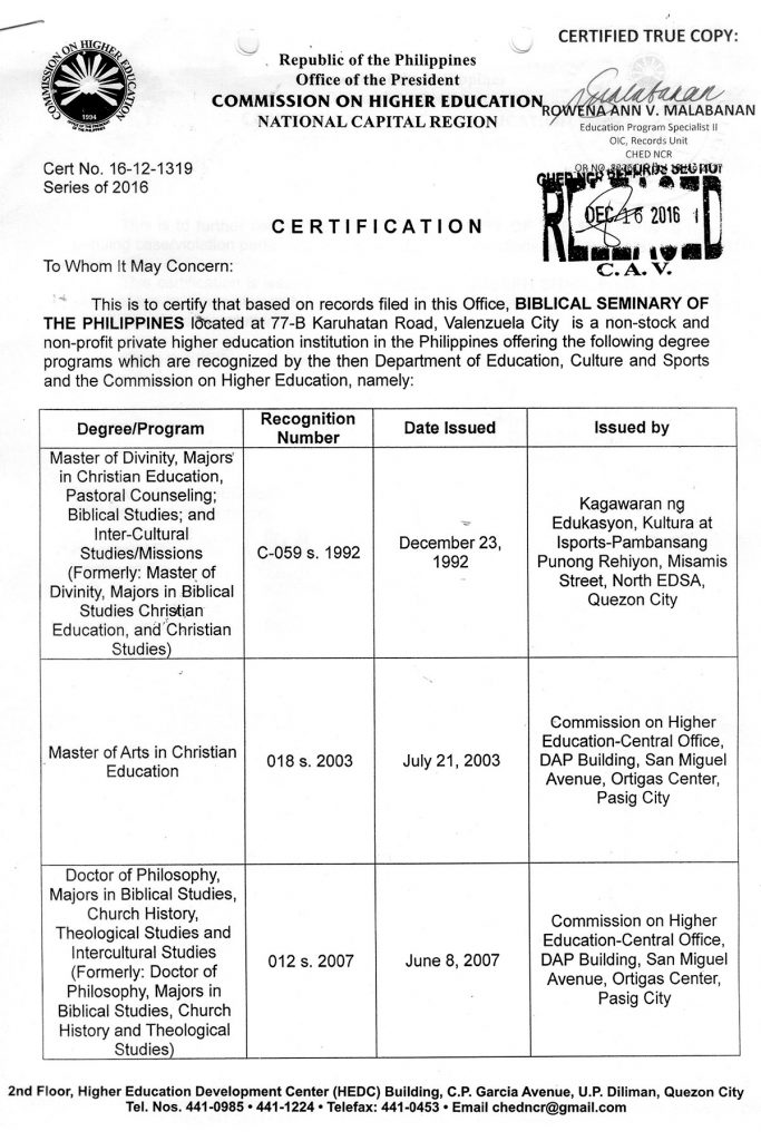 CHED Certificate of Recognition page 1